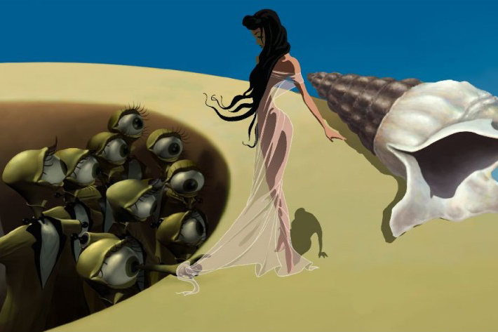  lady in desert surronded by seashells